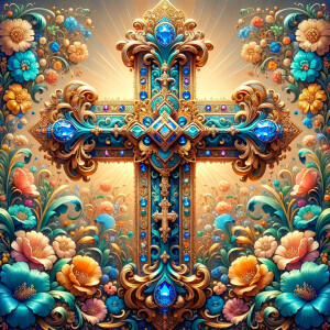 Create an image of a majestic cross, larger in size, with a harm...