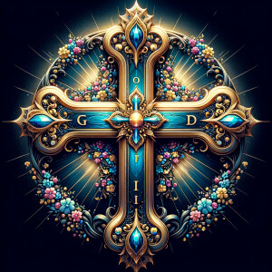 Create an image of a majestic cross, larger in size, with a harm...