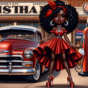 Airbrush style: Standing next to a 1950 Red Chevy truck silver r...