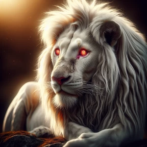Create an image of an albinotic white lion with striking crimson...