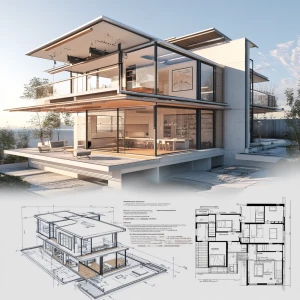 A detailed specification sheet for a 3D house with callouts and dimensions, highly technical