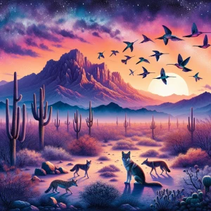 "Create a vibrant scene of the Sonoran Desert at sunset, capturi...
