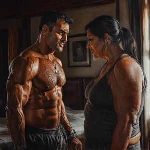 realism art style 1:1 .A sweaty muscular man talking with his 54...