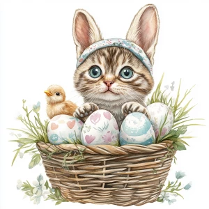 Cat with plush bunny ears headband still showing his own ears, l...