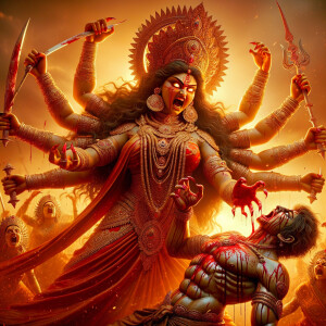 Portrait of angry four-armed goddess durga slaying mahishasur by carrying him in her arms and stabbing him with her red long nails. she should wear Gold jewelry all over the body. Mahishasur should have wounds all over his body. mahishasur should be smaller in size compared to Goddess durga. Background is an intense battlefield. reddish hue everywhere and sunset in the background.  Epic scene. 4k, HDR.