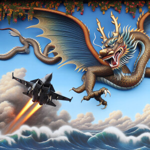 The scene unfolds with cinematic intensity: a Chinese dragon, an...