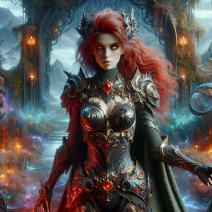 Arachne, red head, red eyes, armor, full body