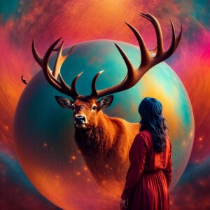 Sphere background a woman with an elk realistic dresmlike