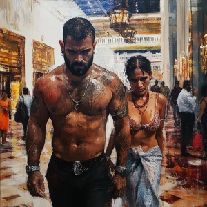 Hyperrealistic painting.A sweaty beefy man walking with his 54 y...