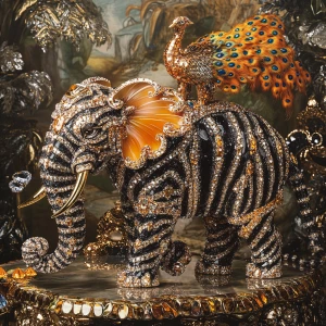 A crystal-carved elephant with 24-carat gold details stands in a...