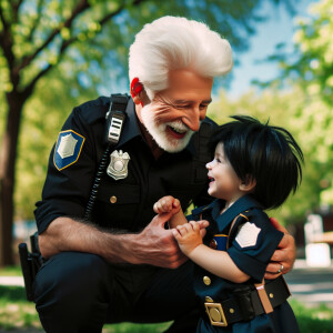 Беловолосый полицейский гладит маленького черноволосого полицейс...