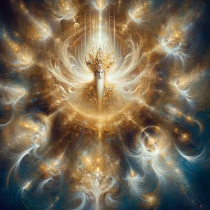 In the center of the canvas looms an opulent divine ethereal spi...