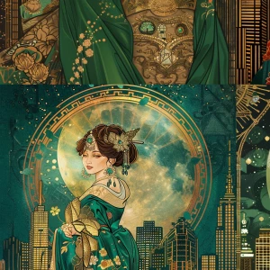 portrait of a celestial Art Deco heroine, emerald green and gold...