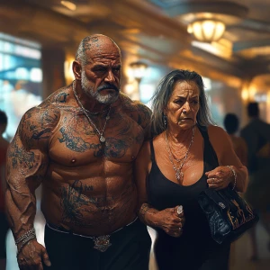 Realistic art style 1:1, a muscular, tattooed, sweaty wealthy ma...