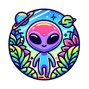 Centered on a white background is an outer space graphic art des...