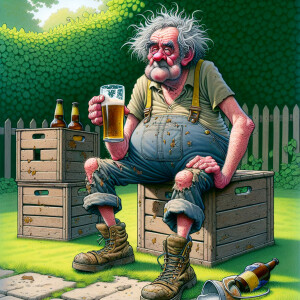 funny grey-haired, disheveled old man, in dungarees and a T-shir...