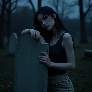 Image is a realist gorgeous women in a dark, atmospheric setting...