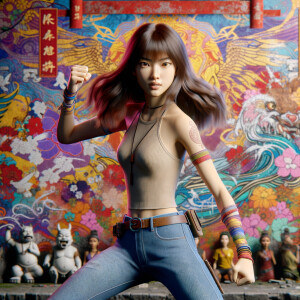 Athletic Thin skinny Attractive, Asian teenage girl, long brown hair and bangs, wearing tight skinny jeans and a halter top paint marks on her clothing, heroic pose Asian graffiti background