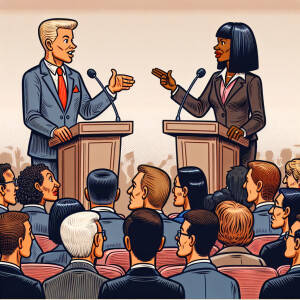 A detailed description of a debate stage where Donald Trump and...