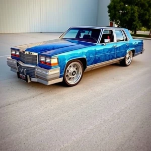 1992 Cadillac Fleetwood with blue metallic paisley print reflect...