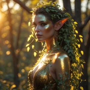 A shimmering, ethereal dryad bathed in golden hour light; her sk...