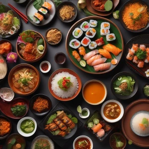 A colorful spread of dishes including sushi rolls, spicy kimchi, fragrant biryani, and a bowl of pho, all presented on a beautifully set table with traditional utensils.