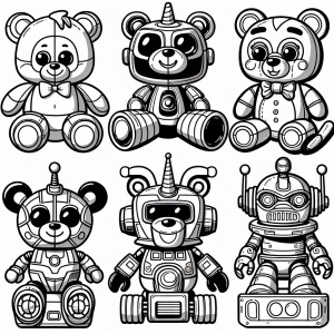 Create six separate black-and-white illustrations of toys and ch...