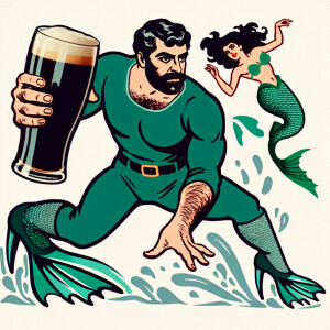 Armenian man with pint Guinness in hand, attack mermaid heel boo...