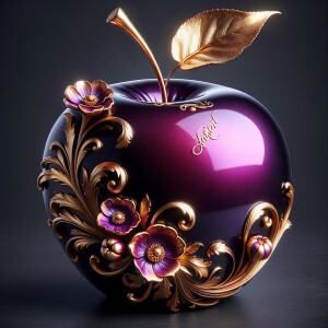 Envision a lustrous, oversized apple with a surface that gleams in a radiant shade of purple, as if lacquered to a high shine, reflecting light from its smooth, curvaceous form. The apple is adorned with elegant gold leaf patterns that swirl luxuriously around its contour, bringing a baroque opulence to its appearance. The stem, a bronzed sculpture in itself, supports a single leaf that seems to glow with an inner luminescence. At the apple’s base, a collection of flowers blooms, their petals softening the scene with organic shapes and colors that harmonize with the vibrant purple and gold. Incorporated into the metallic filigree in an artful script is the name "Karen," as if the apple were personally inscribed, enhancing the custom and bespoke quality of the piece.