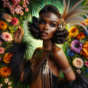 Picture a light-skinned African-American woman with striking Hawaiian features, immersed in the roaring 1920s. She's a dazzling flapper, her lively spirit captured in her attire and poise. She wears a shimmering black and gold flapper dress adorned with sequins and fringe that glisten with her every movement. Around her head, a matching headband sits gracefully, embellished with feathers and a jewel that echoes the opulence of the era. Her hair is styled in perfect finger waves, highlighting her alluring gaze and bold makeup typical of the 1920s—a smoky eye and dark, glossy lips. The background is a kaleidoscope of vibrant tropical flowers, creating a lush and vivacious scene that reflects her Hawaiian roots. Her entire demeanor is one of elegance and jubilance, a true celebration of her heritage and the exuberant era she embodies.