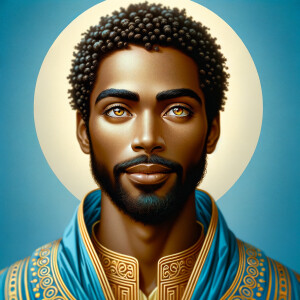 Create a beautiful African-American Jesus Christ with Hazel, brown eyes and blue and gold robe