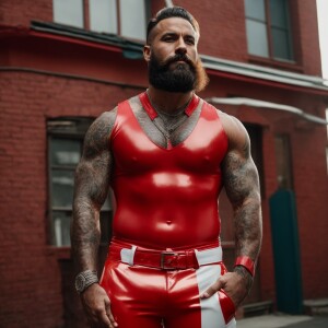 A bearded, muscular man confidently stands with his hands in his...