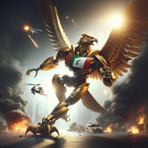 United Arab Emirates as a transformer character, a golden falcon...
