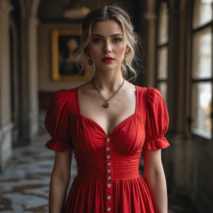 A woman wear red dress