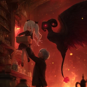"Anime-style man lifting a small female demon with flowing elega...