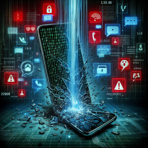 **An illustration depicting a digital data breach: a shattered s...