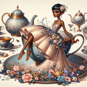 Create an image of a whimsical, stylized light, skinned, African-American Hawaiian female character seated comfortably in a large teacup. Her attire is an elegant gown with hues of pink, blue, and gold, designed with floral patterns that cascade like a flowing river from the bodice down to the hem which pools around the teacup like spilled liquid. The dress should be modest, with minimal cleavage. Her hair is styled in a chic pixie cut, blending black and blonde colors. The setting is a fantastical tea party with vintage teapots, cups, and an abundance of flowers, giving off a warm, inviting atmosphere.