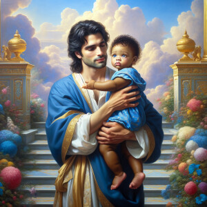 Classical oil painting style depicting an African-American Jesus...