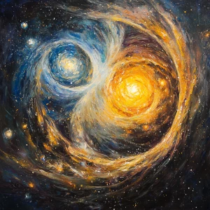 In the depths of an ancient cosmic tapestry, two distant stars s...