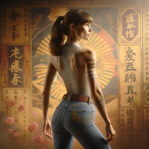 Athletic Thin skinny Attractive, Asian teenage girl, long brown hair and bangs, wearing tight skinny jeans and a halter top paint marks on her clothing, heroic pose Asian graffiti background, backside view