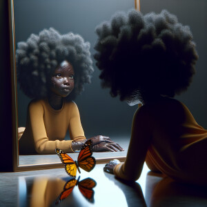 Create a 3-D realistic beautiful African-American  women with thick curly black hair
Looking at herself in the mirror, but the reflection she sees is a child, and she is no longer beautiful. She is ugly with scars. There is a fallen butterfly.