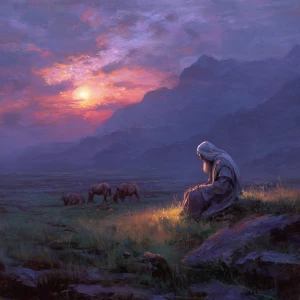 A noble prophet-like figure sits quietly, gazing at the sun sett...