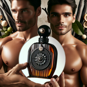 Muscule and skinny man holding bottle of perfume on his body.
Bo...