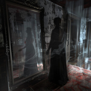 AI Image: Sarah standing before the uncovered mirror, with faint...