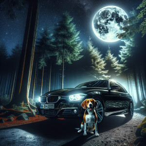 Black BMW f31 in the forest and a beagle in front, falling Stars...