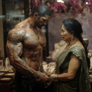 Hyperrealism image.a muscular beefy tattoed gujarati sweaty  man...