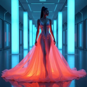 A futuristic and visually striking digital artwork with "Flux Dev" A futuristic figure with a seamless blend of human and AI aesthetics, wearing an elegant, high-tech gown that dynamically shifts color