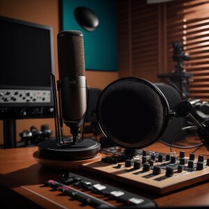 A meticulously arranged podcast recording studio showcasing a hi...