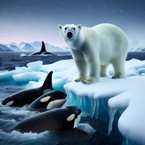 Polar bear  looking at the orcas in the ocean,  National Geograp...