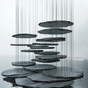 Create an image of a gravity-defying fountain composed of separa...